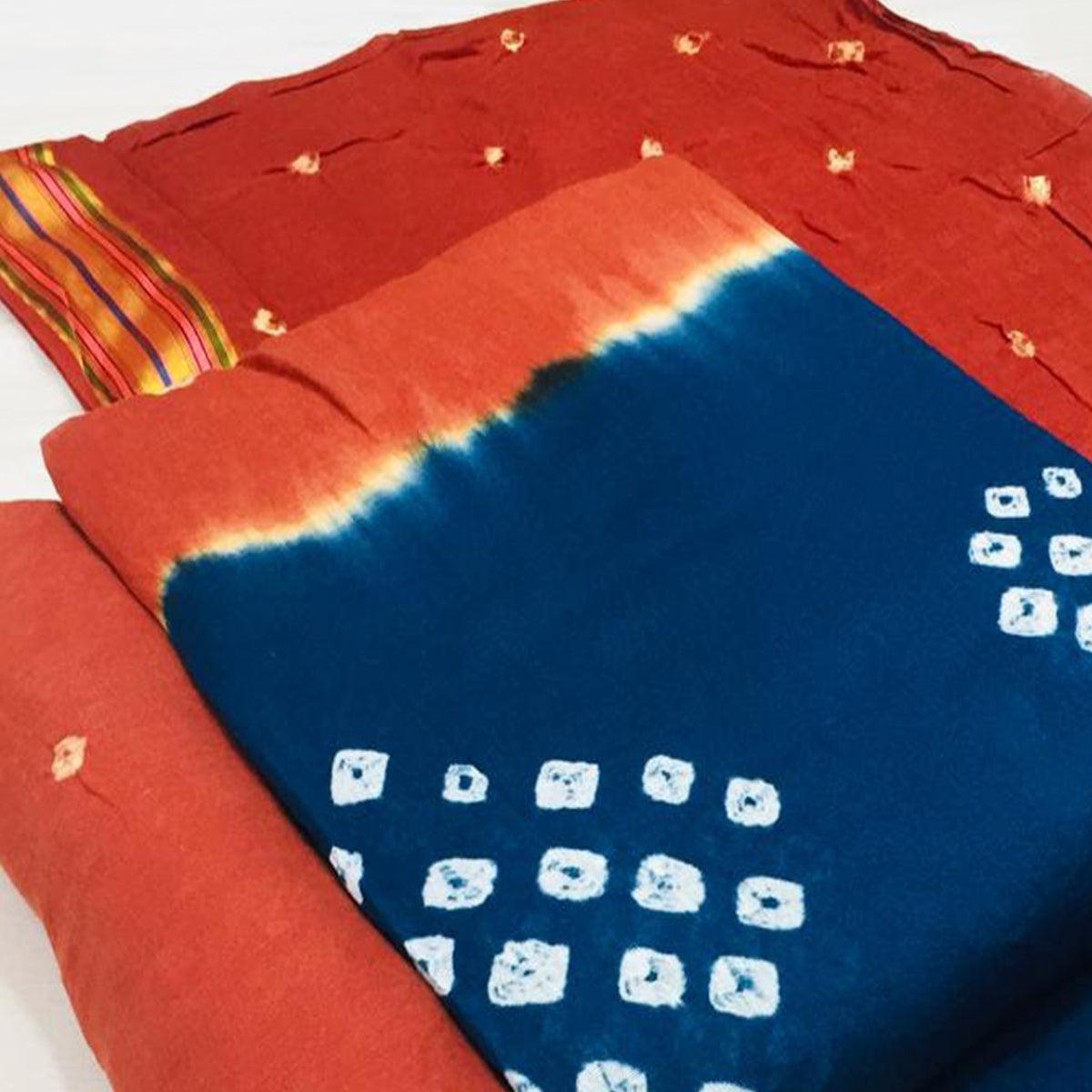 Blue-Rust Bandhani Printed Cotton Blend Dress Material