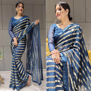Blue Sequins Embroidered With Stripes Georgette Saree