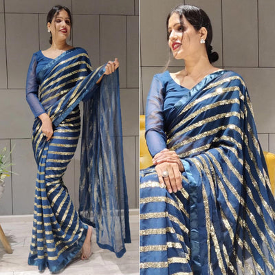 Blue Sequins Embroidered With Stripes Georgette Saree
