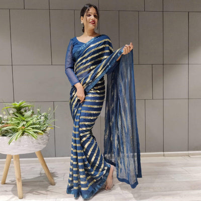 Blue Sequins Embroidered With Stripes Georgette Saree