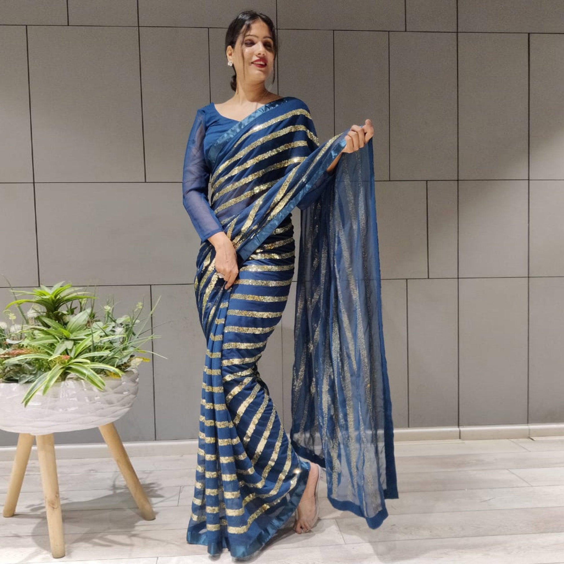 Blue Sequins Embroidered With Stripes Georgette Saree