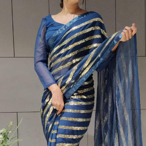 Blue Sequins Embroidered With Stripes Georgette Saree