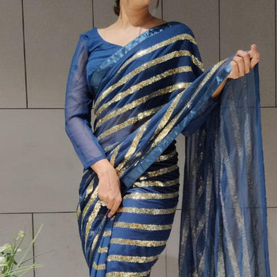 Blue Sequins Embroidered With Stripes Georgette Saree