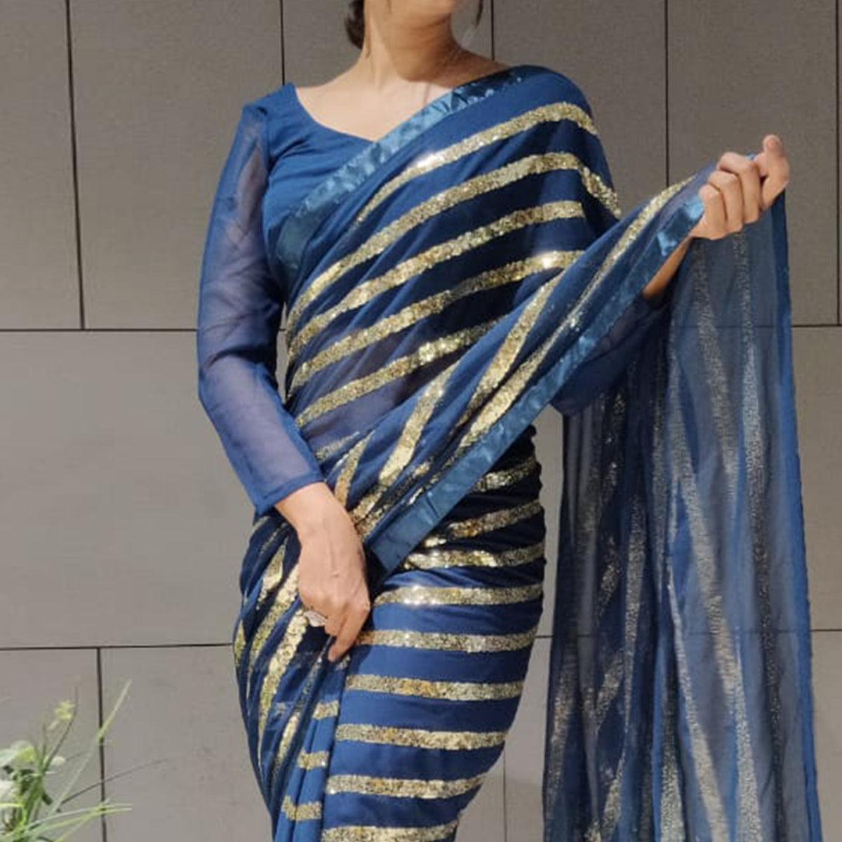 Blue Sequins Embroidered With Stripes Georgette Saree