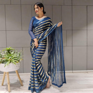 Blue Sequins Embroidered With Stripes Georgette Saree