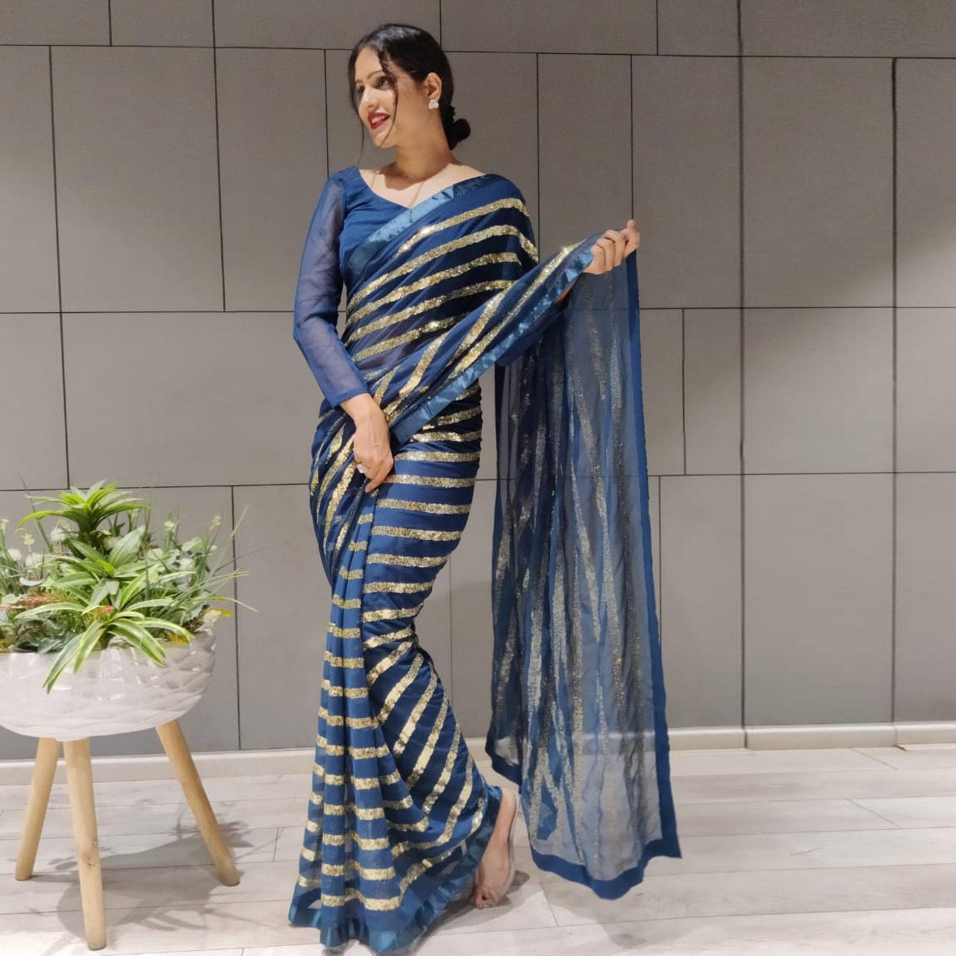 Blue Sequins Embroidered With Stripes Georgette Saree