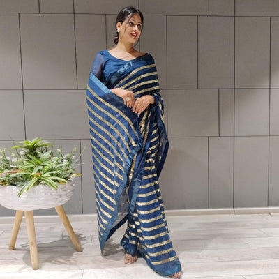 Blue Sequins Embroidered With Stripes Georgette Saree