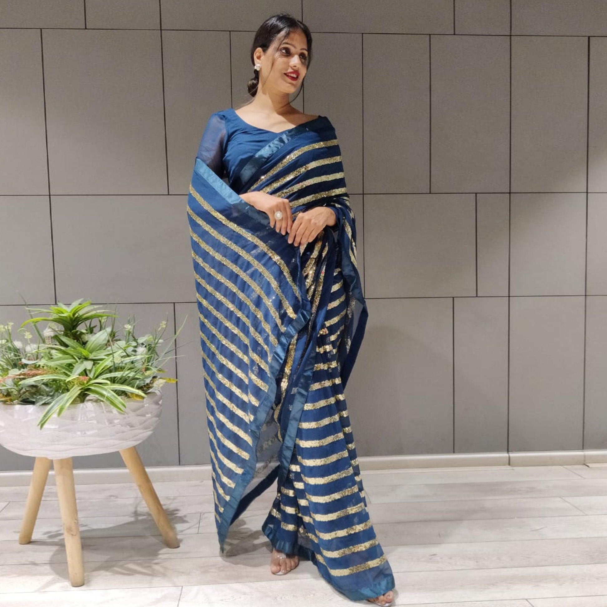 Blue Sequins Embroidered With Stripes Georgette Saree