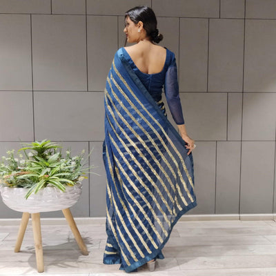 Blue Sequins Embroidered With Stripes Georgette Saree