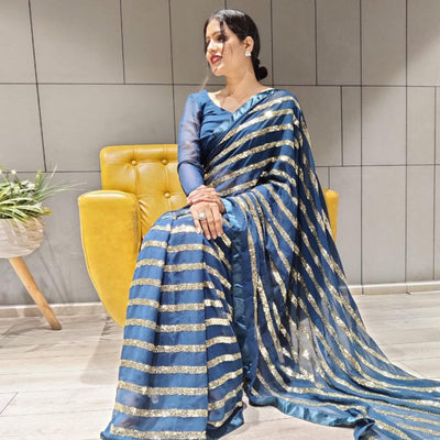 Blue Sequins Embroidered With Stripes Georgette Saree