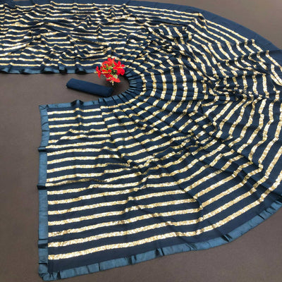 Blue Sequins Embroidered With Stripes Georgette Saree