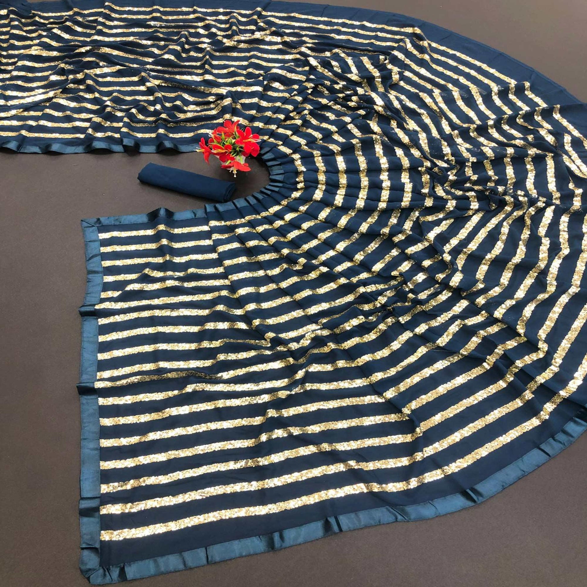 Blue Sequins Embroidered With Stripes Georgette Saree