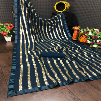 Blue Sequins Embroidered With Stripes Georgette Saree