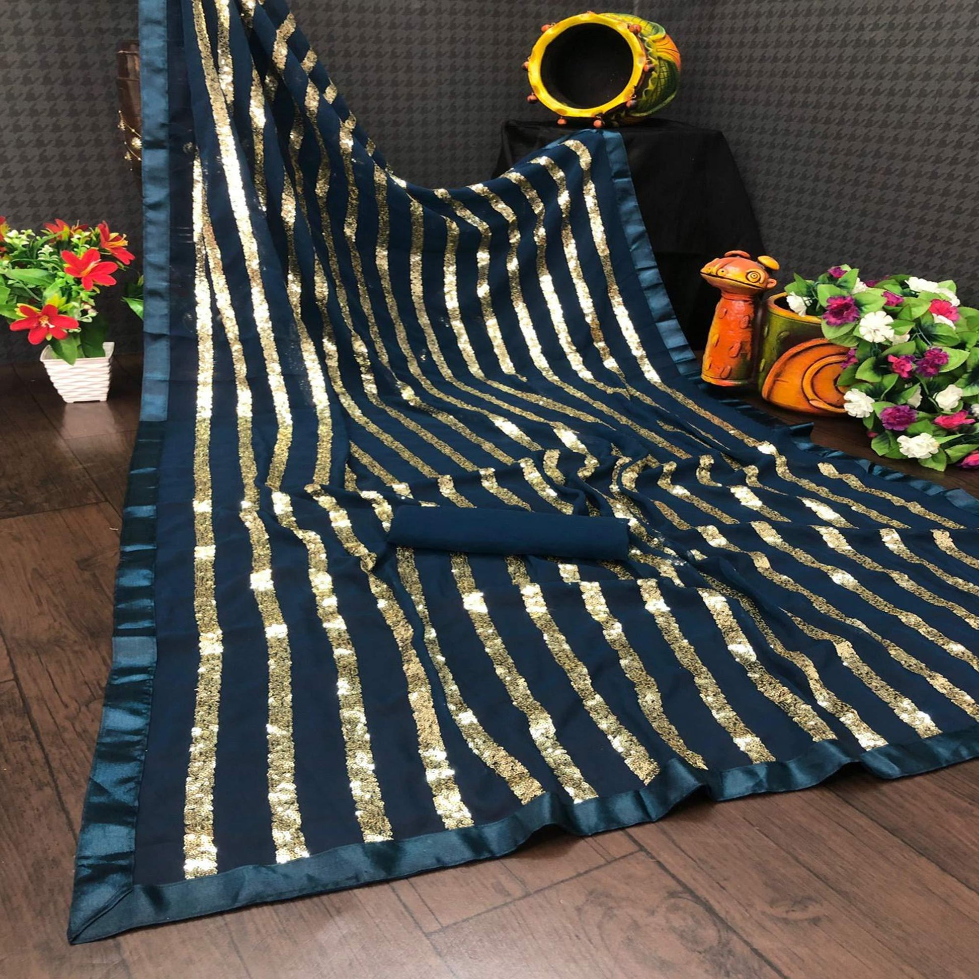 Blue Sequins Embroidered With Stripes Georgette Saree
