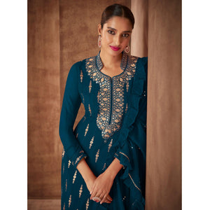 Blue Sequins Embroidery Georgette Partywear Suit