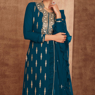 Blue Sequins Embroidery Georgette Partywear Suit