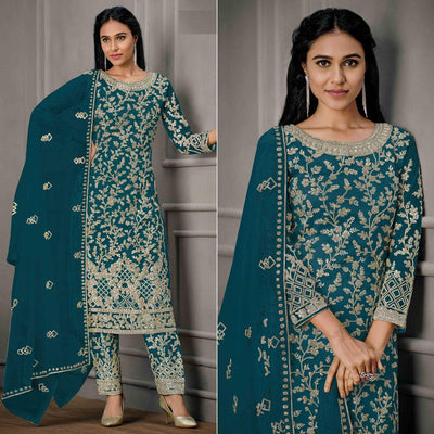Blue Sequins Floral Embroidered Net Salwar Suit