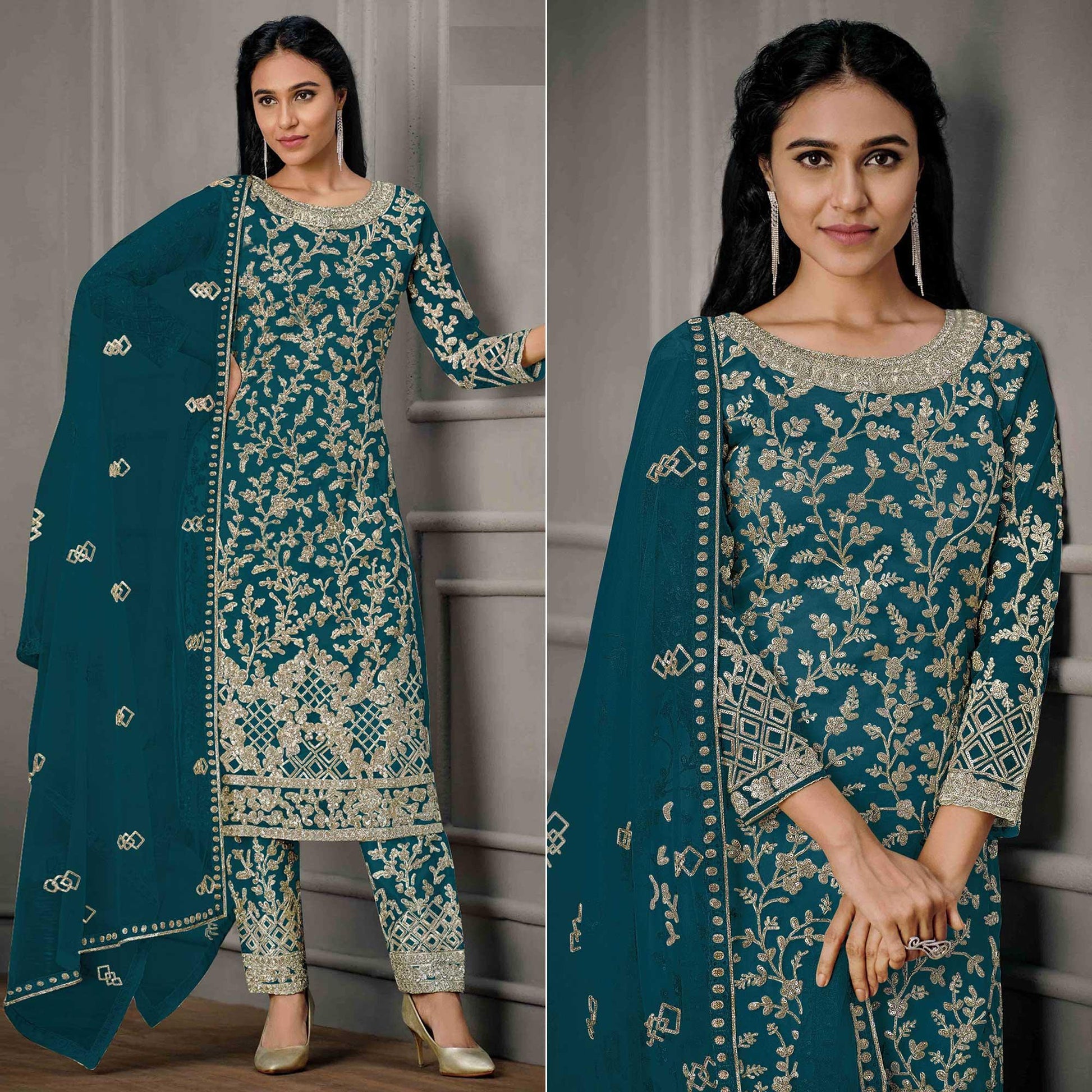 Blue Sequins Floral Embroidered Net Salwar Suit