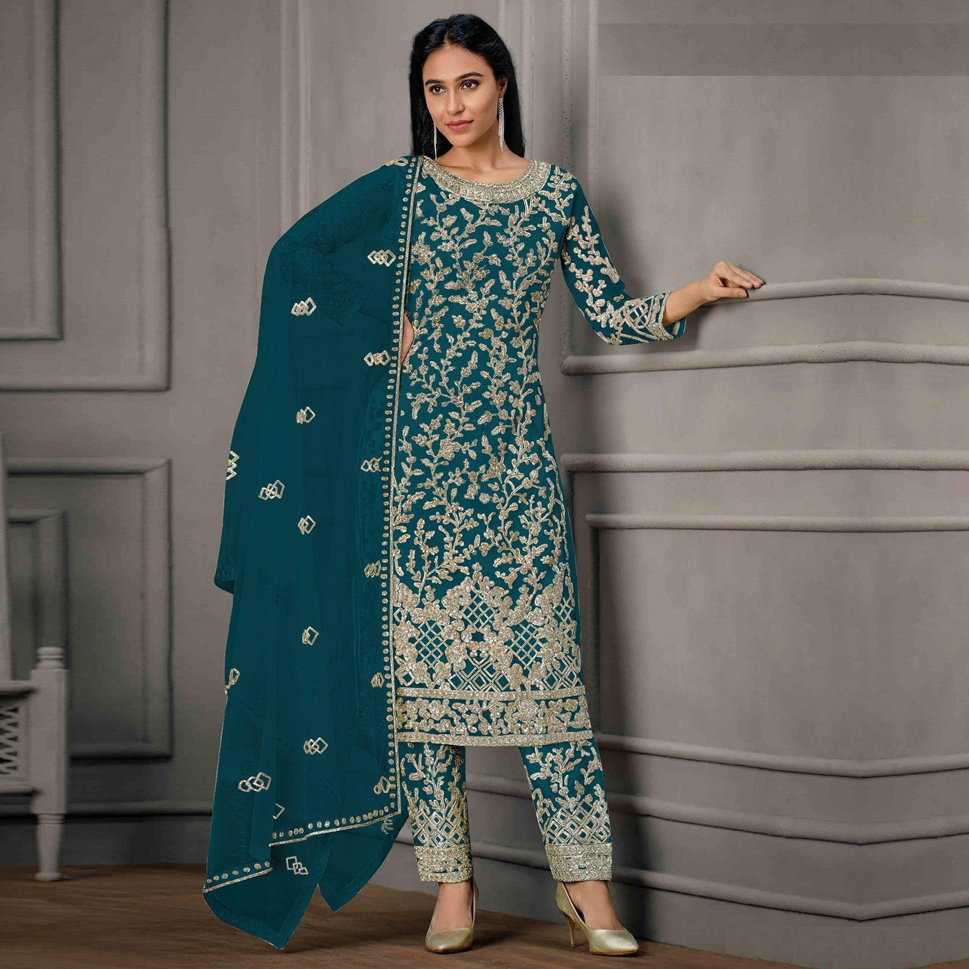 Blue Sequins Floral Embroidered Net Salwar Suit