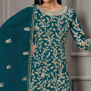 Blue Sequins Floral Embroidered Net Salwar Suit