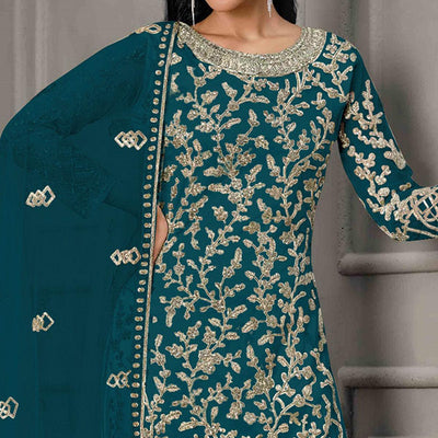 Blue Sequins Floral Embroidered Net Salwar Suit