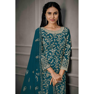 Blue Sequins Floral Embroidered Net Salwar Suit