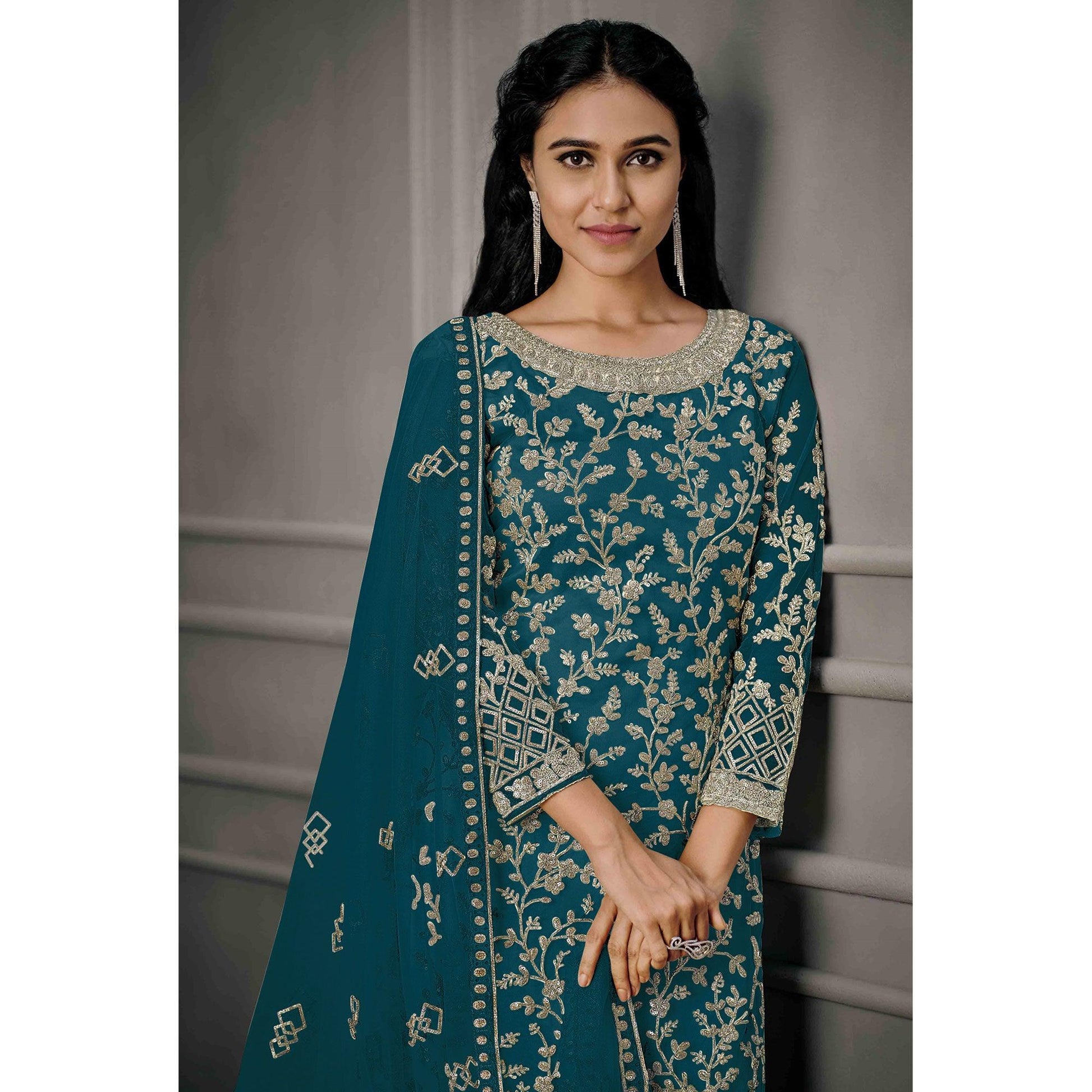 Blue Sequins Floral Embroidered Net Salwar Suit