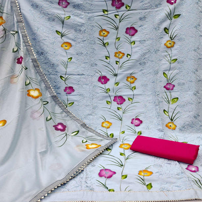 Blue Sequins Floral Embroidered Pure Cotton Dress Material