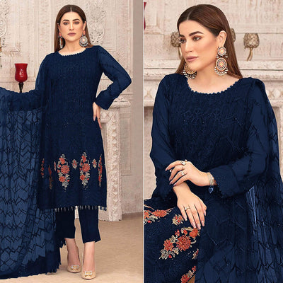 Blue Sequins With Floral Embroidered Georgette Pakistani Suit