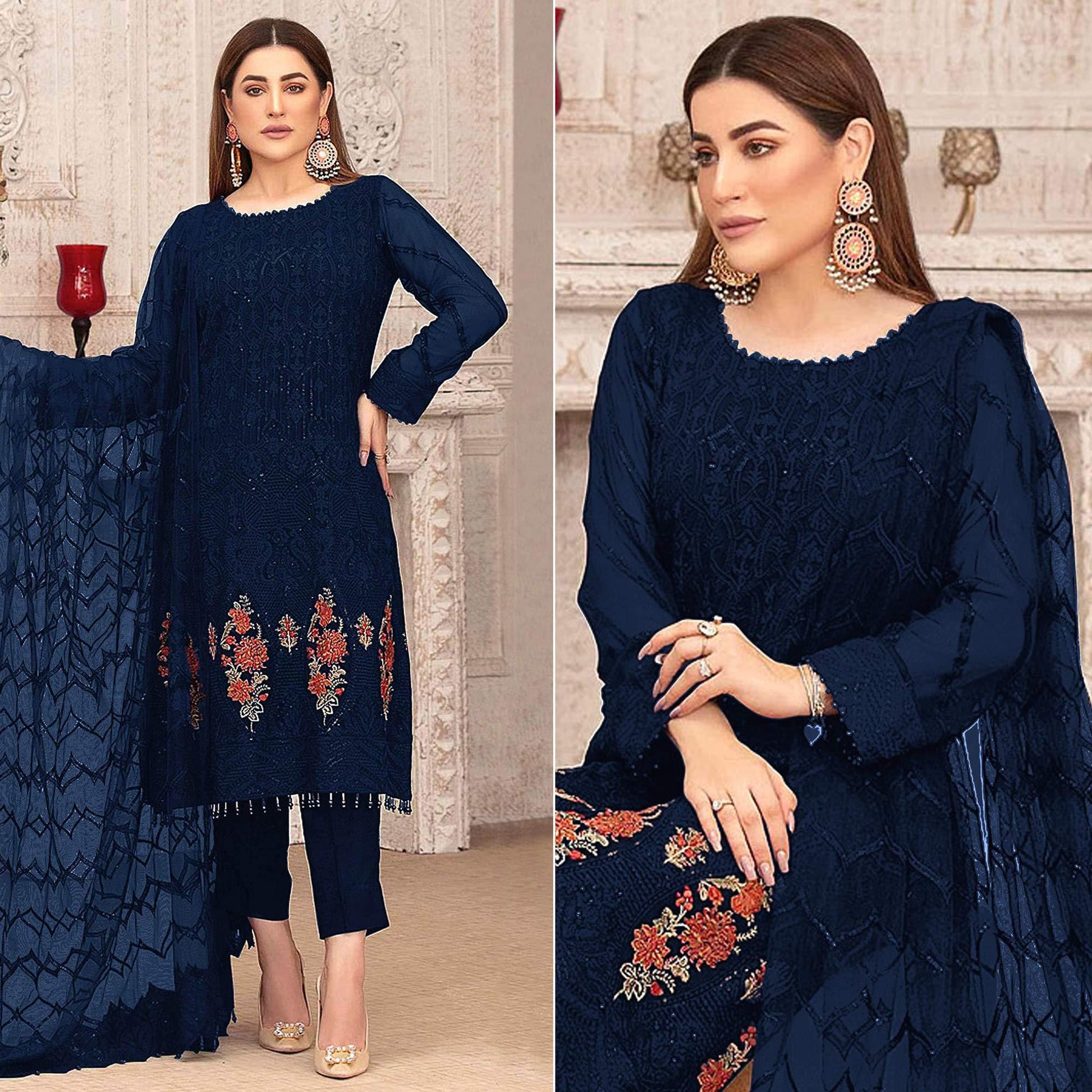 Blue Sequins With Floral Embroidered Georgette Pakistani Suit