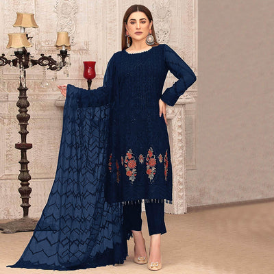 Blue Sequins With Floral Embroidered Georgette Pakistani Suit