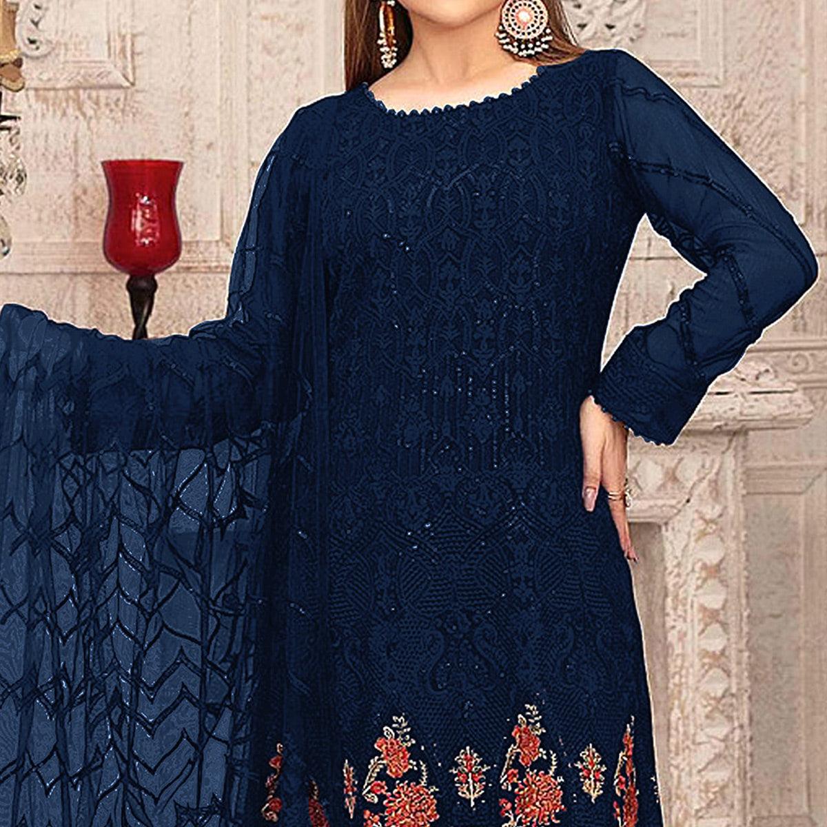Blue Sequins With Floral Embroidered Georgette Pakistani Suit
