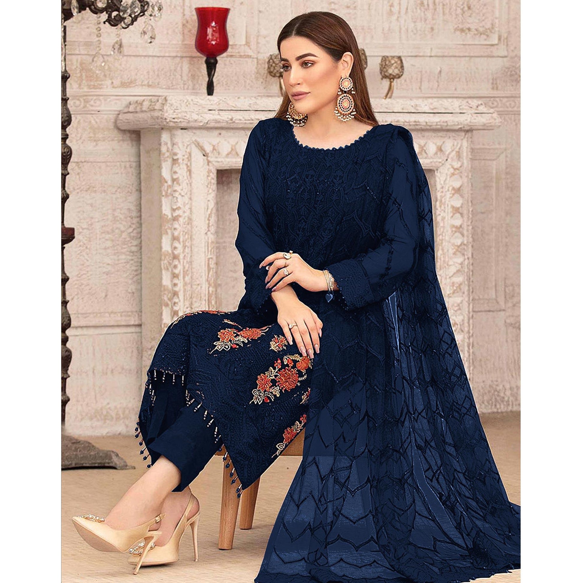 Blue Sequins With Floral Embroidered Georgette Pakistani Suit