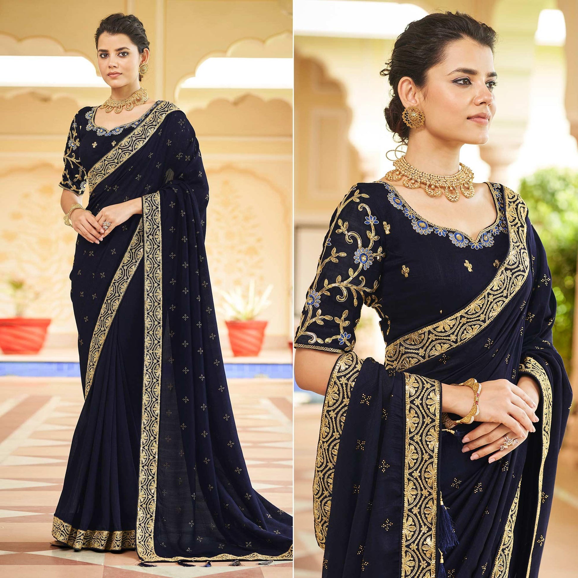 Blue Sequins With swarovski Work Vichitra Silk Saree