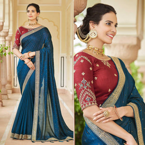 Blue Sequins With swarovski Work Vichitra Silk Saree