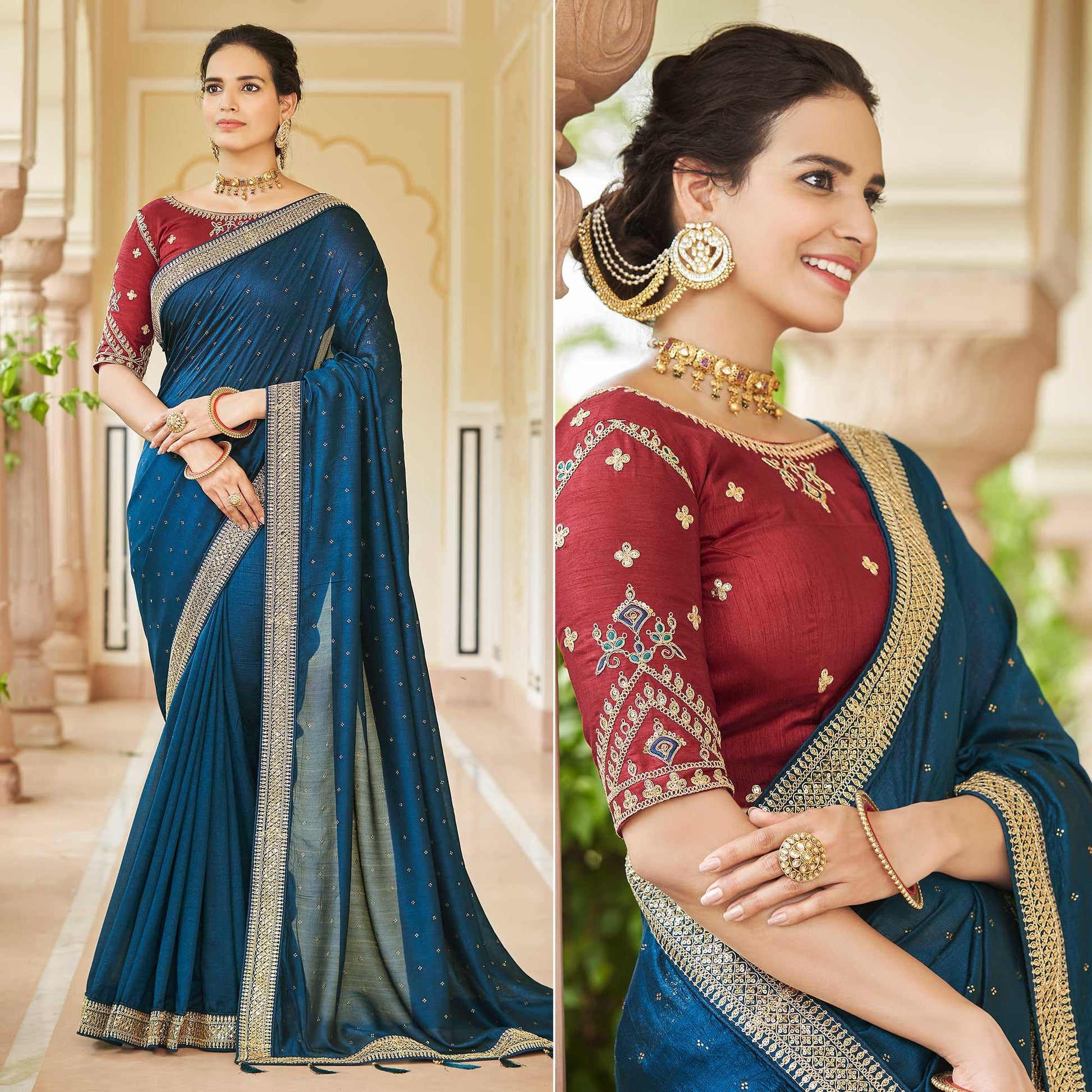 Blue Sequins With swarovski Work Vichitra Silk Saree