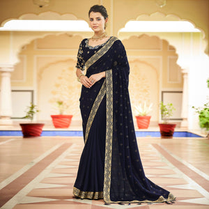 Blue Sequins With swarovski Work Vichitra Silk Saree