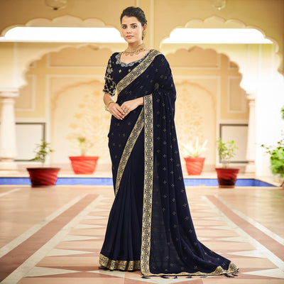 Blue Sequins With swarovski Work Vichitra Silk Saree