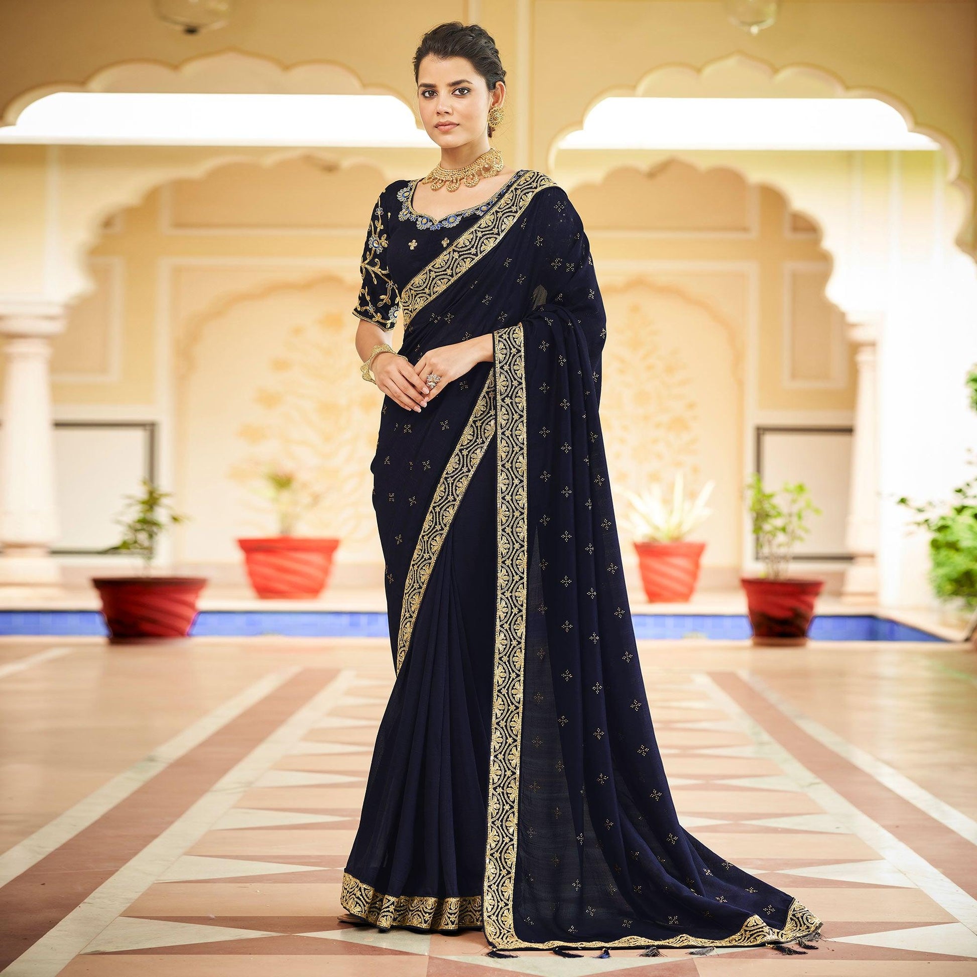 Blue Sequins With swarovski Work Vichitra Silk Saree