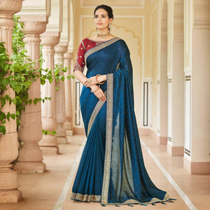Blue Sequins With swarovski Work Vichitra Silk Saree