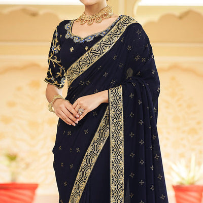 Blue Sequins With swarovski Work Vichitra Silk Saree
