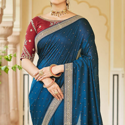 Blue Sequins With swarovski Work Vichitra Silk Saree