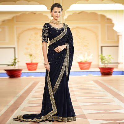 Blue Sequins With swarovski Work Vichitra Silk Saree