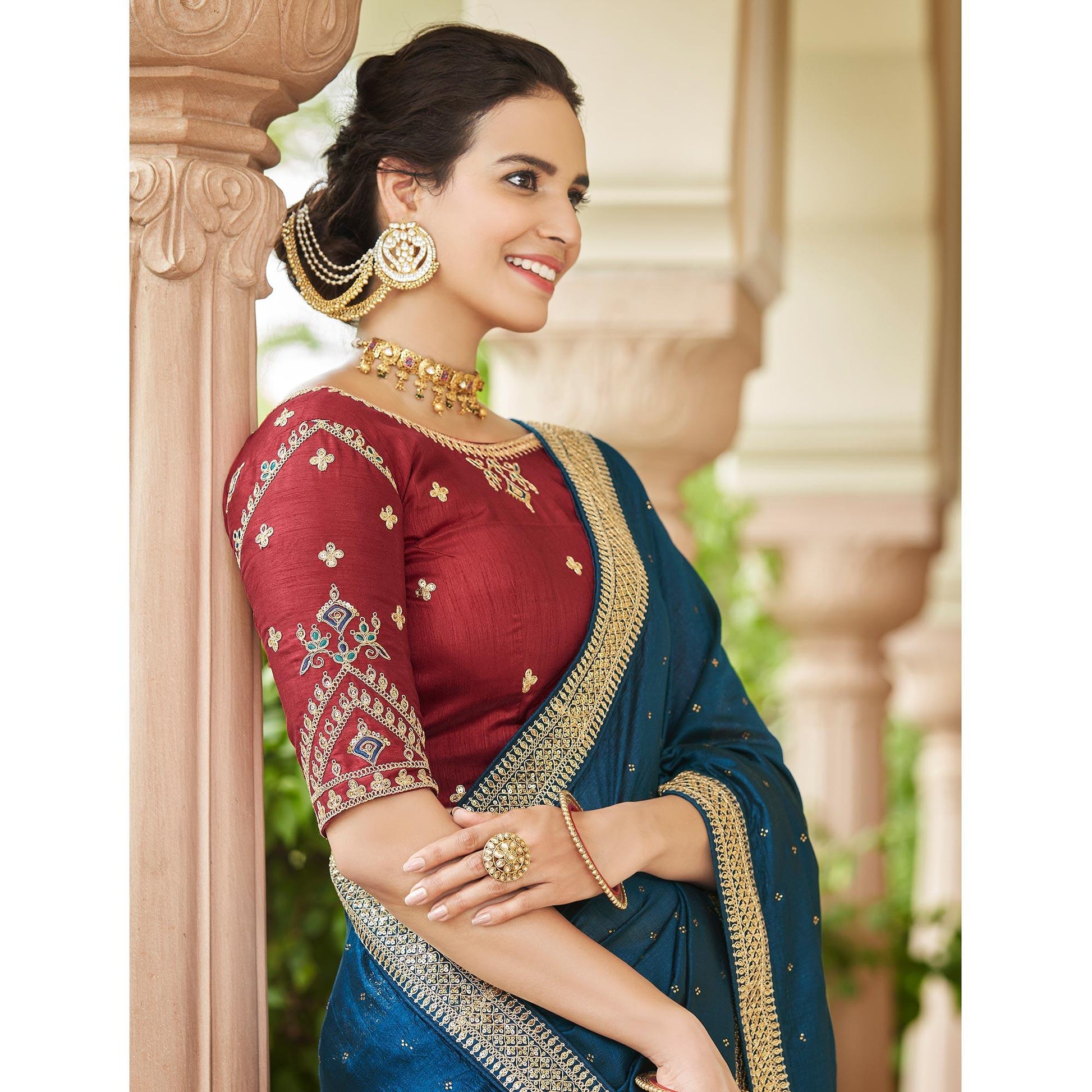 Blue Sequins With swarovski Work Vichitra Silk Saree