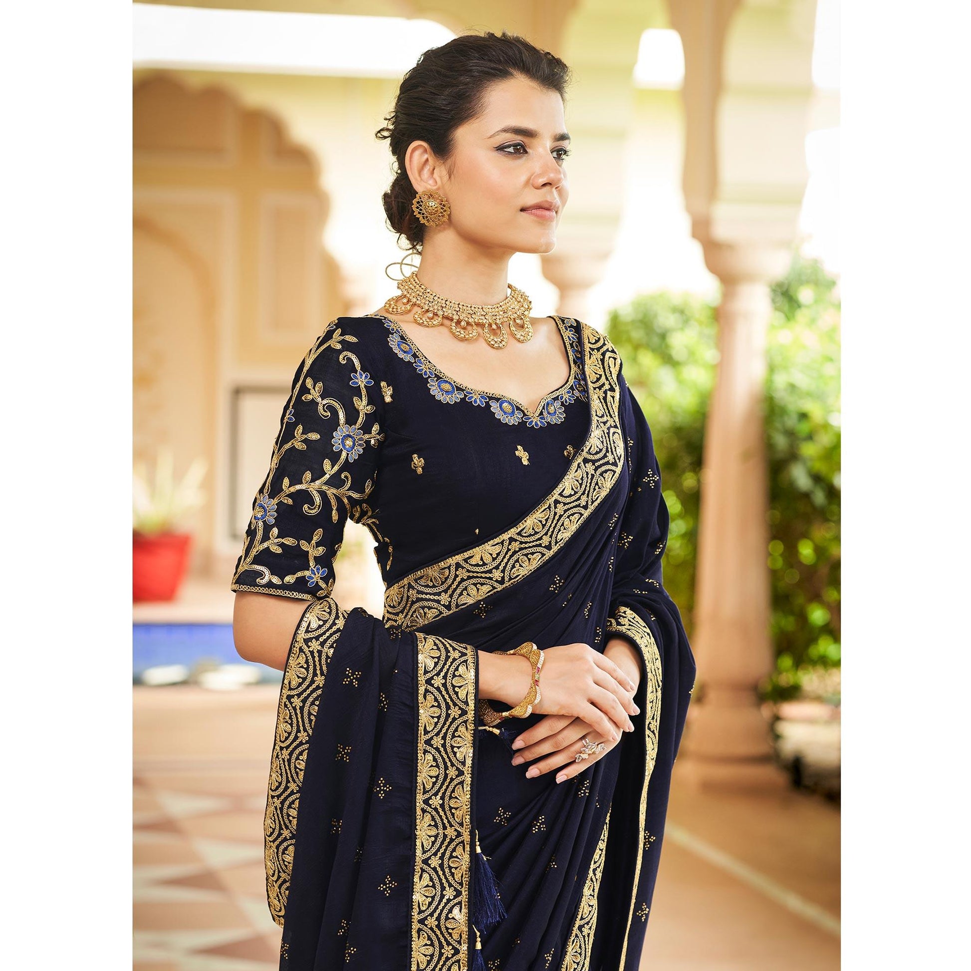 Blue Sequins With swarovski Work Vichitra Silk Saree