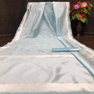 Blue-Silver Festive Wear Woven Designer Border Soft Lichi Silk Saree