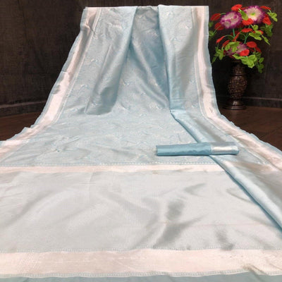 Blue-Silver Festive Wear Woven Designer Border Soft Lichi Silk Saree