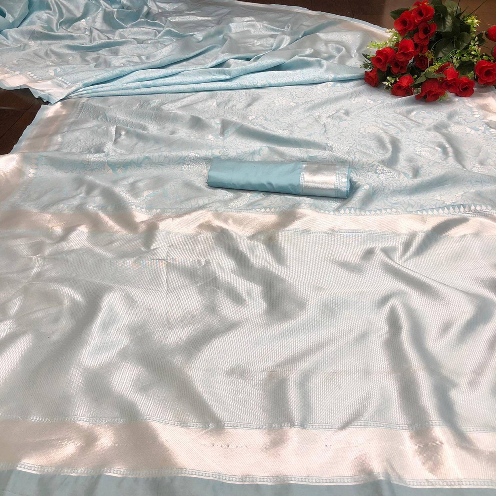 Blue-Silver Festive Wear Woven Designer Border Soft Lichi Silk Saree