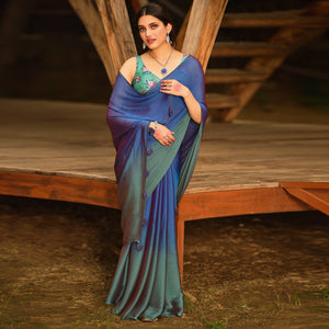 Blue Solid Chiffon Saree