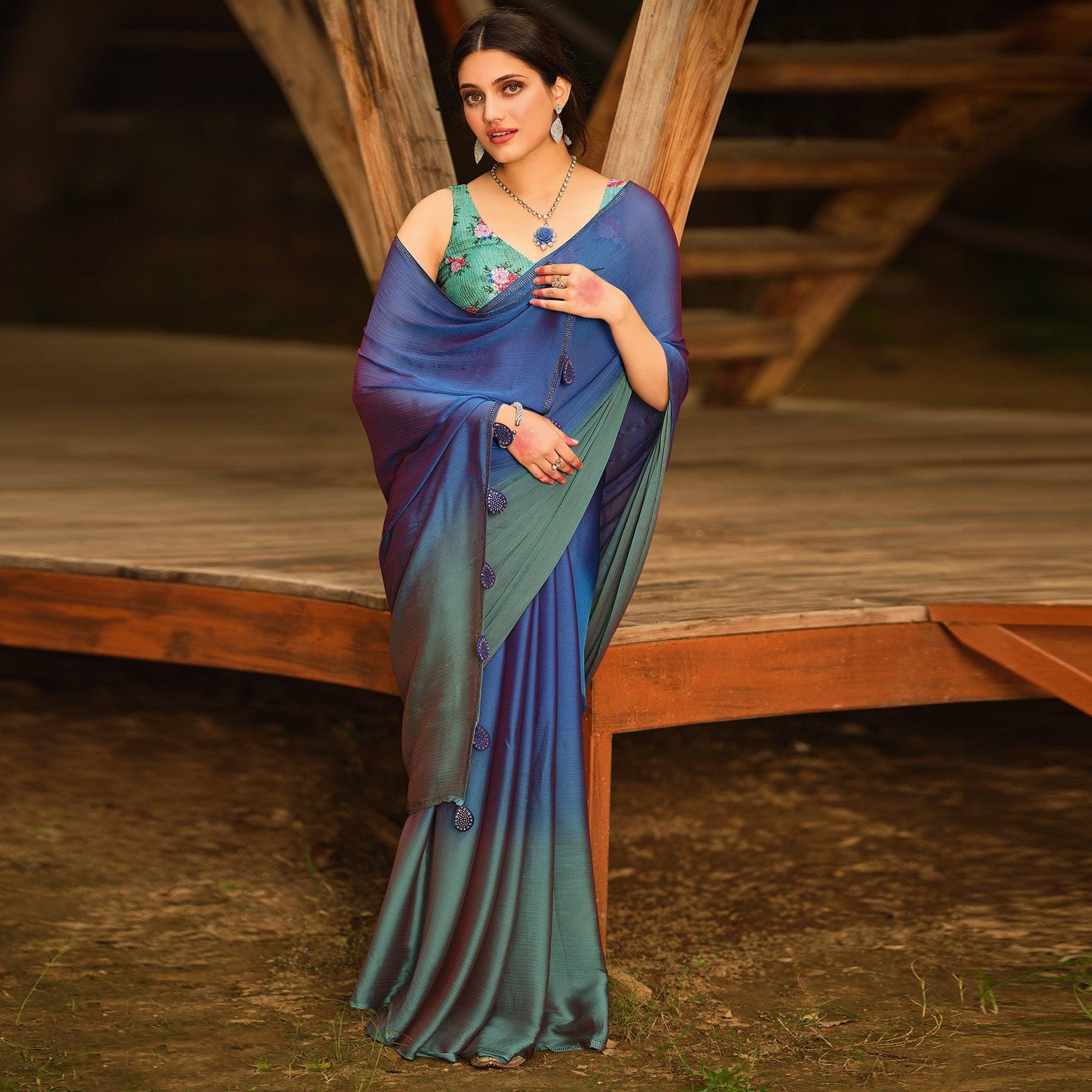 Blue Solid Chiffon Saree